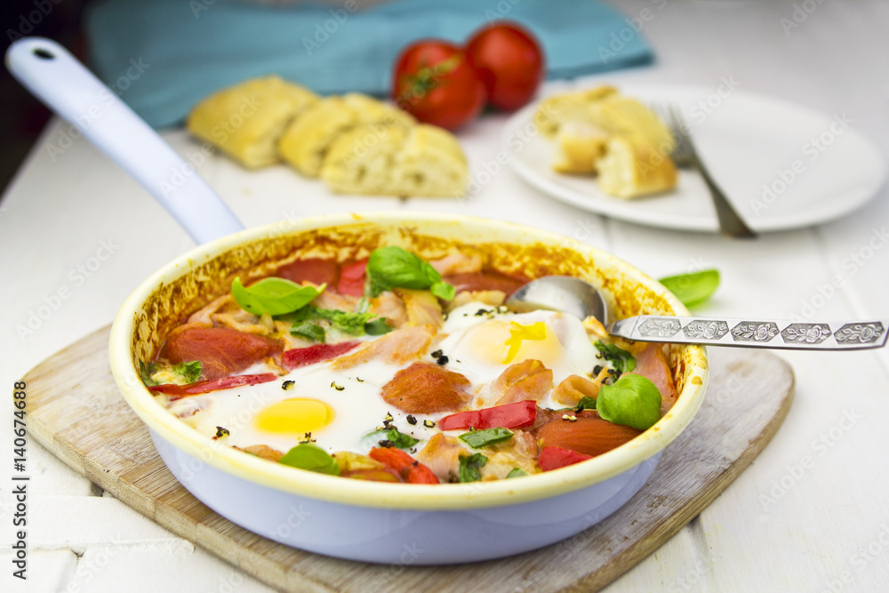 Breakfast pan with vegetables and eggs Breakfast pan with vegetables and eggs