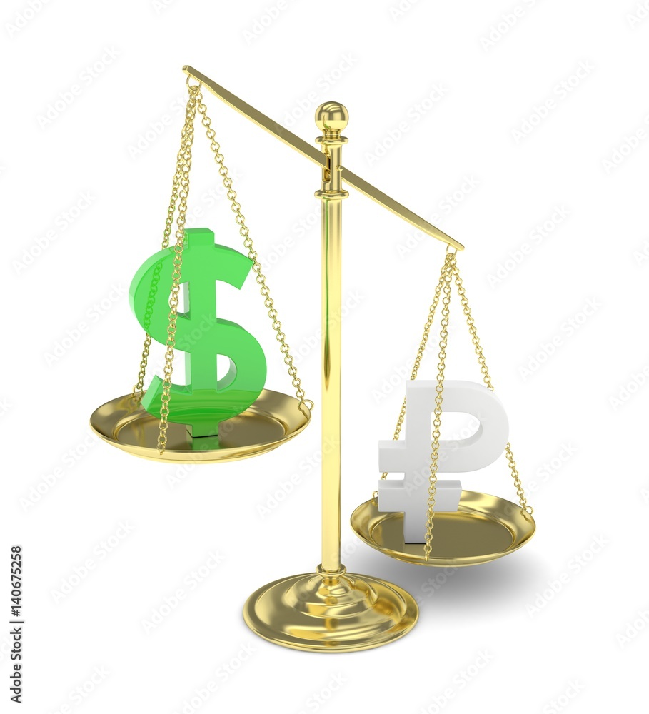 Isolated old fashioned pan scale with dollar and ruble on white background. American and russian currency. Ruble is heavier. Silver rouble, green usd. 3D rendering. Isolated old fashioned pan scale with dollar and ruble on white background. American and russian currency. Ruble is heavier. Silver rouble, green usd. 3D rendering.