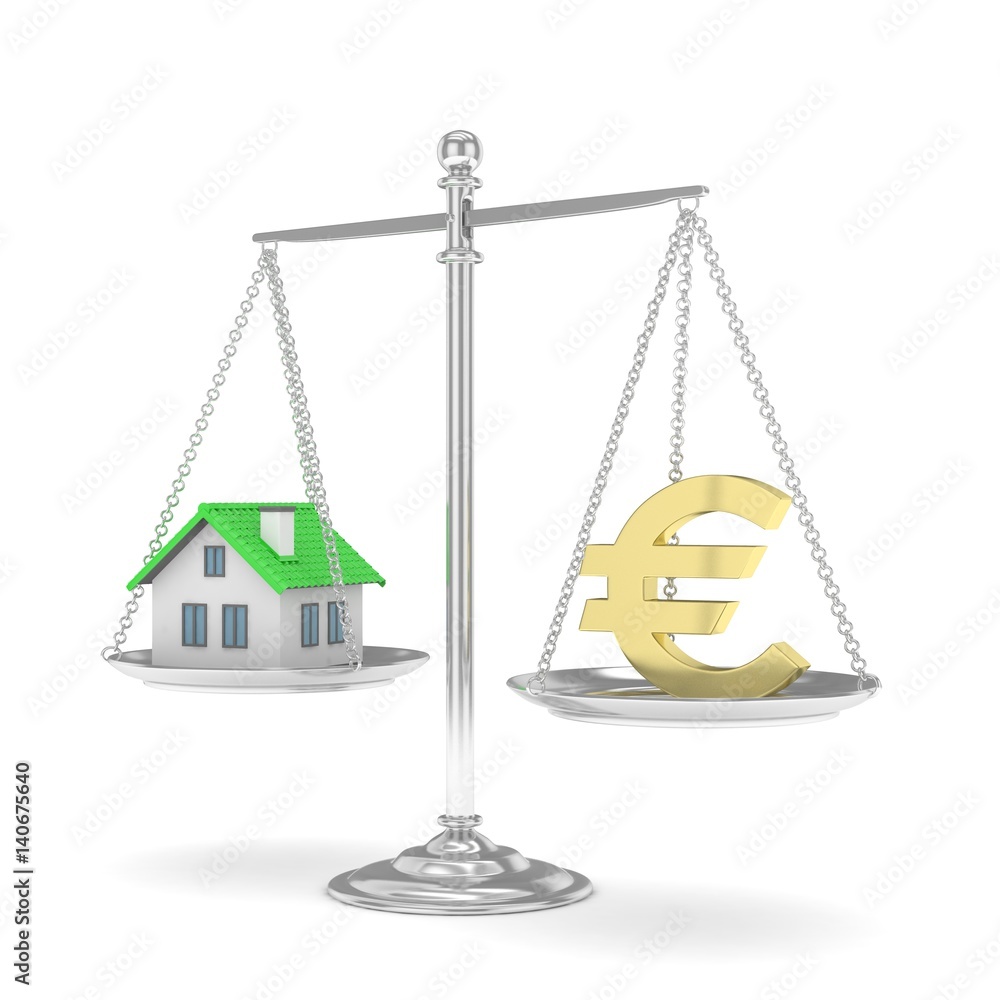 Isolated silver scales with golden euro and house on white background. Investment or savings concept. Real estate and currency. 3D rendering. Isolated silver scales with golden euro and house on white background. Investment or savings concept. Real estate and currency. 3D rendering.