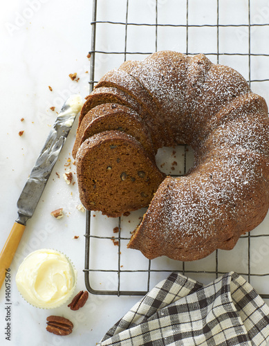 Pumpkin bread bundt on a cooking rack.