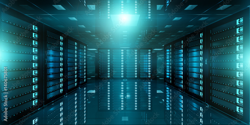 Dark server room data center storage 3D rendering - obrazy, fototapety, plakaty 