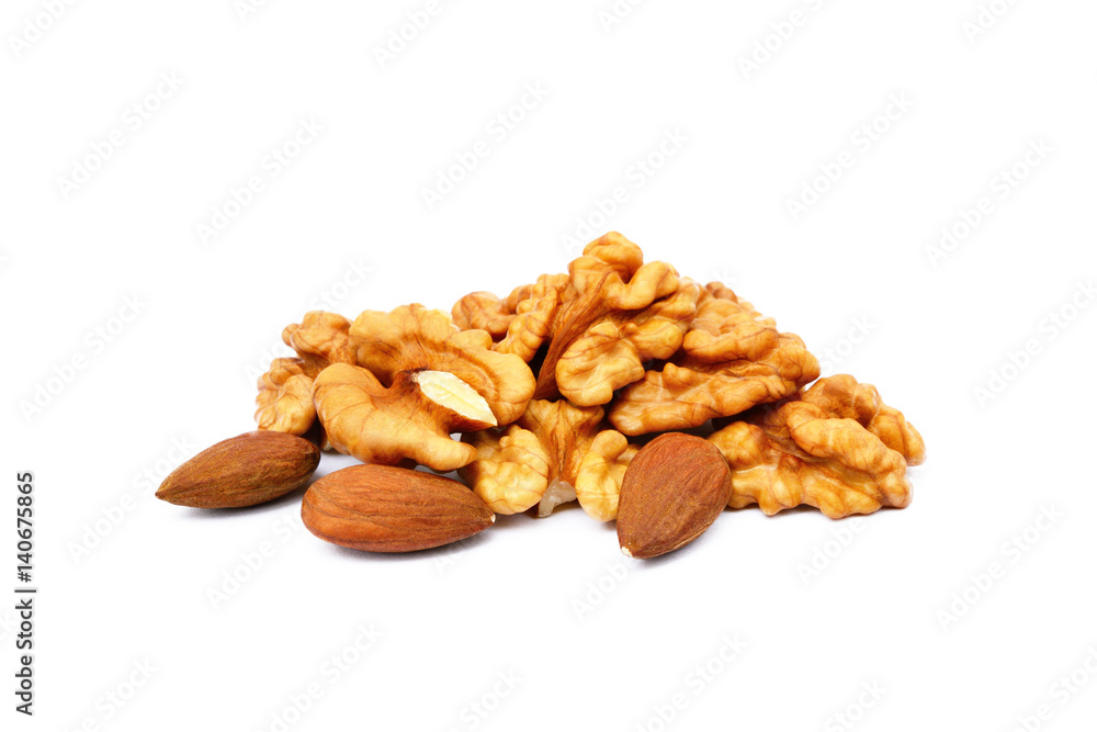 Healthy walnuts and almond isolated on white background Healthy walnuts and almond isolated on white background