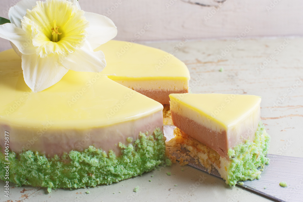 Passion fruit cake, mousse dessert with tropical flavor. Passion fruit cake, mousse dessert with tropical flavor.