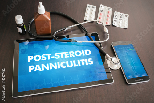 Post-steroid panniculitis (cutaneous disease) diagnosis medical concept on tablet screen with stethoscope photo