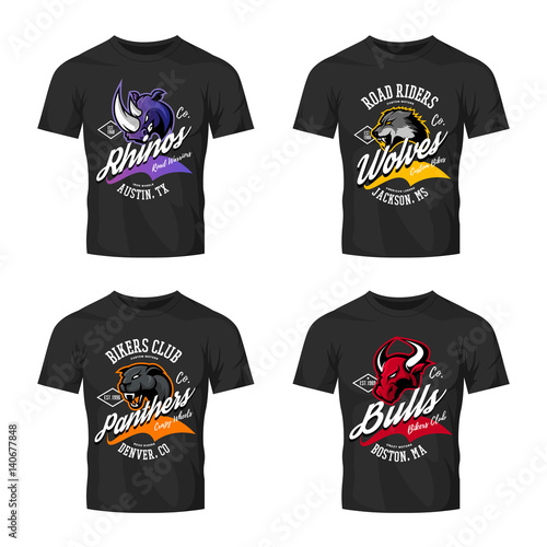 Vintage American furious bull, wolf, panther, rhino bikers club tee print vector design isolated on black t-shirt mockup. Premium quality wild animal superior logo concept illustration.
