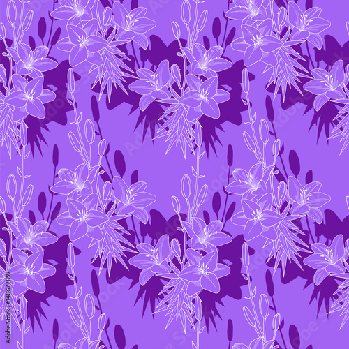 Seamless vector floral pattern texture with lilies on purple background