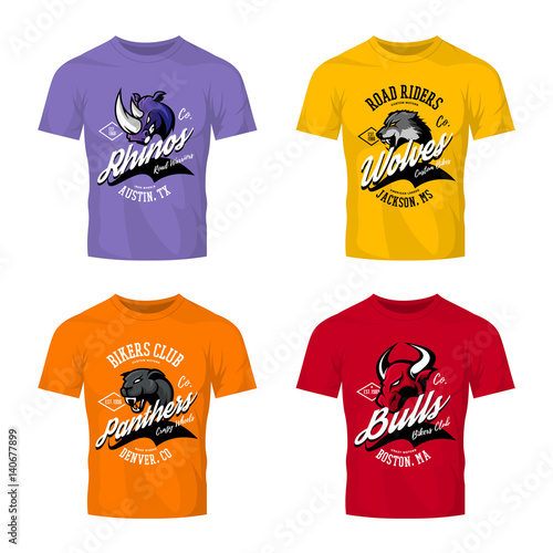 Vintage American furious bull, wolf, panther, rhino bikers club tee print vector design isolated on color t-shirt mockup.Premium quality wild animal superior logo concept illustration.