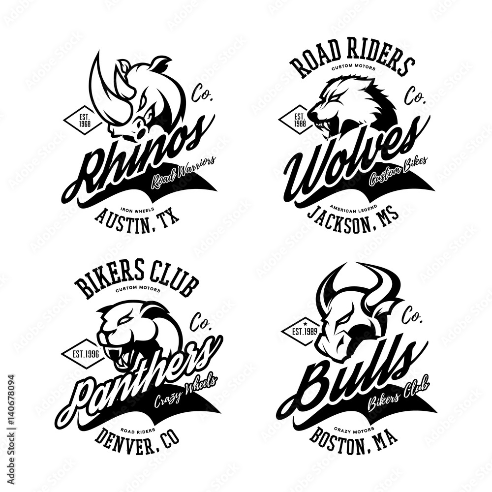Obraz premium Vintage American furious bull, wolf, panther, rhino bikers club tee print vector design. Street wear t-shirt emblem. Premium quality wild animal superior logo concept illustration.