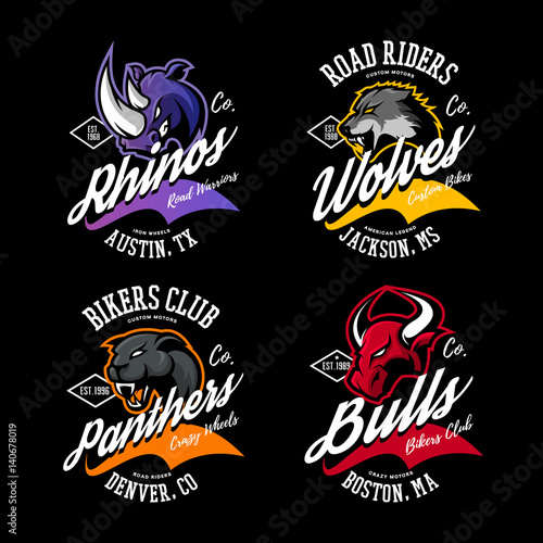 Vintage American furious bull, wolf, panther, rhino bikers club tee print vector design. 
Street wear t-shirt emblem. Premium quality wild animal superior logo concept illustration.