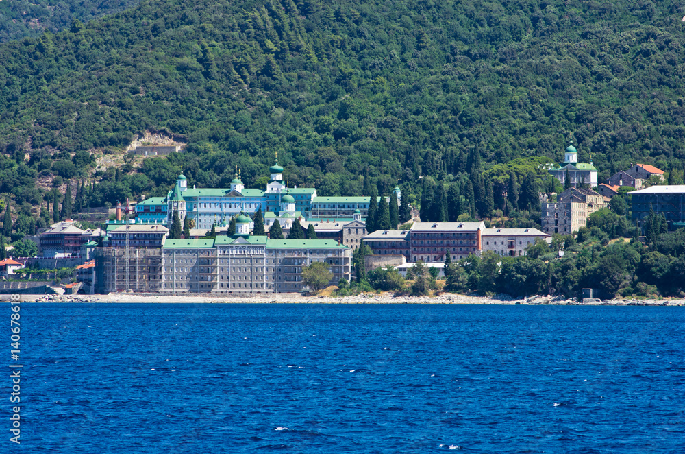 Russian monastery on a coast of aegean sea below the holy mountain Athos in Greece Russian monastery on a coast of aegean sea below the holy mountain Athos in Greece