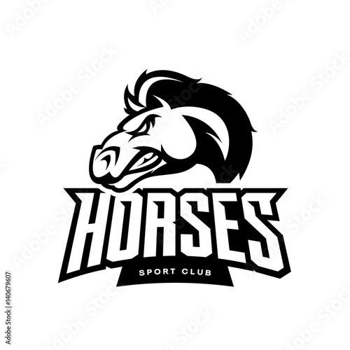 Furious horse mono sport club vector logo concept isolated on white background. Professional team badge design.
Premium quality wild stallion animal t-shirt tee print illustration.