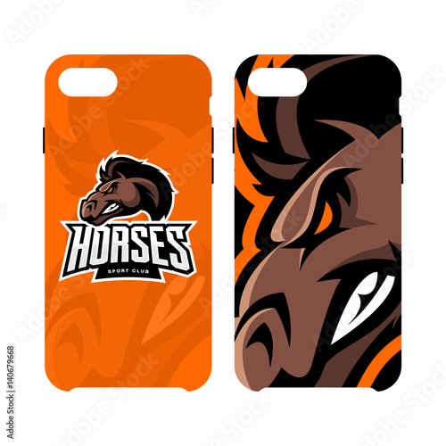 Furious horse sport club vector logo concept smart phone case isolated on white background. 
Premium quality wild stallion animal artwork cell phone cover illustration.