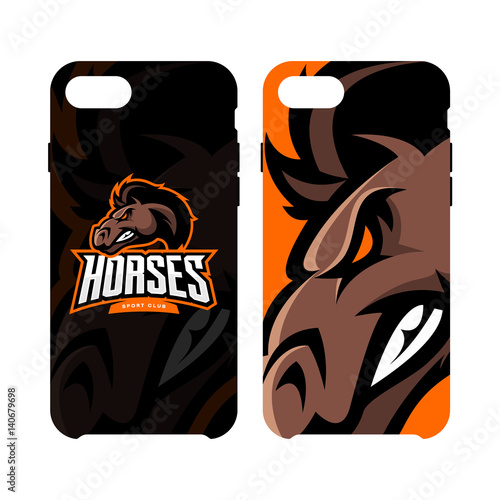 Furious horse sport club vector logo concept smart phone case isolated on white background.
Premium quality wild stallion animal artwork cell phone cover illustration.