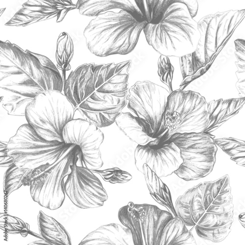 Tropical flowers and leaves seamless background, hand drawn monochrome botanical repeating pattern on white backdrop. Vintage vector illustration