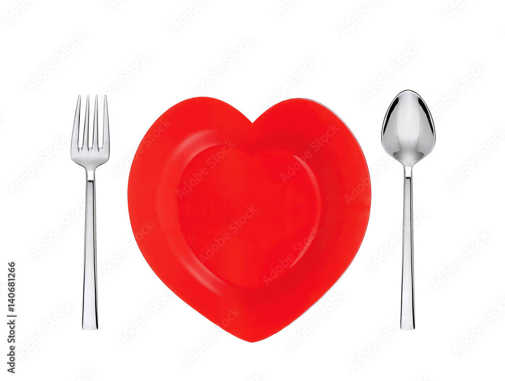 red plate in heart shape, knife and fork, isolated on white red plate in heart shape, knife and fork, isolated on white