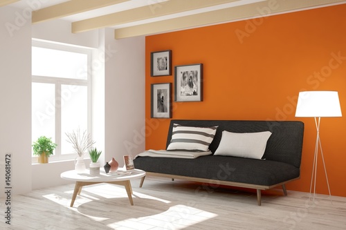 Orange modern room with sofa. Scandinavian interior design. 3D illustration