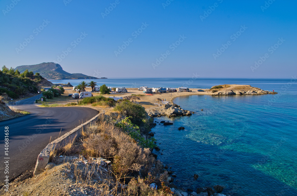 Morning at campers favorite site for summer vacations, near Destenika, Sithonia, Greece