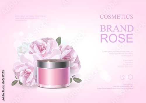 Pink beauty cosmetic product poster, rose moisturizing cream template, skin care ads . Vector illustration .