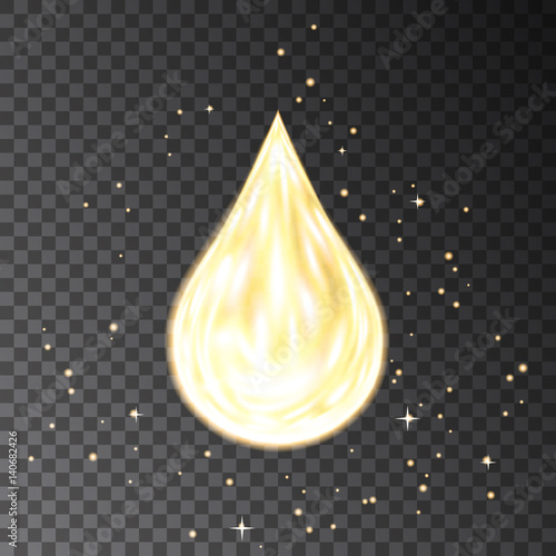 Gold  neon oil drop isolated on transparent black background with fire flame light effects. Collagen,  coenzyme Q10  serum golden droplets solution. Vector for skin care cosmetics package.