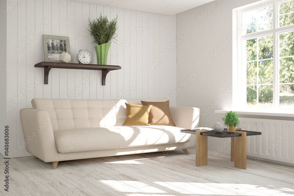 Fototapeta premium White room with sofa and green landscape in window. Scandinavian interior design. 3D illustration