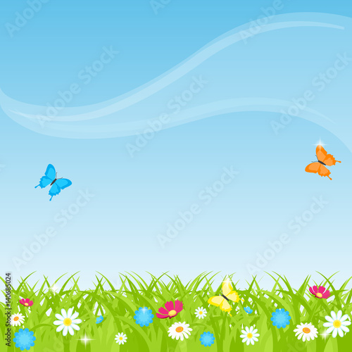 Spring. An image of grass. From the grass flowers are seen. Three butterflies fly