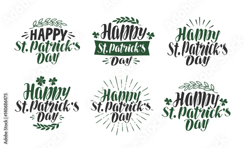 Happy St. Patrick's Day, lettering typography. Irish beer festival, label set. Vector illustration