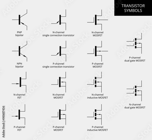 Electrical Engineering elements. Vector bipolar transistors construction and field effect transistors. Electronics circuit symbols. Graphic illustration of transistors. Datas heet.