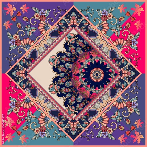 Unique ornamental pattern in ethnic style with flower mandala and unusual frame. Diagonal composition. Print for spanish shawl. Manton.