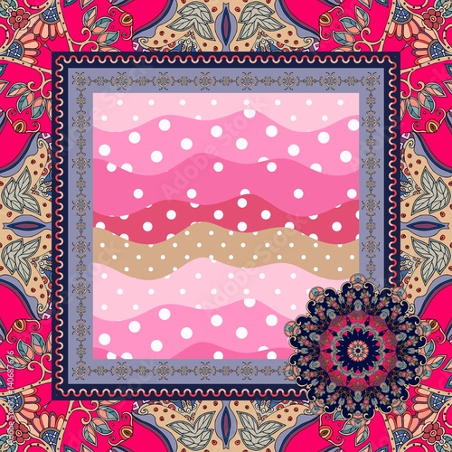 Napkin with ornamental frame and stylized bow - flower. Beautiful vector illustration.