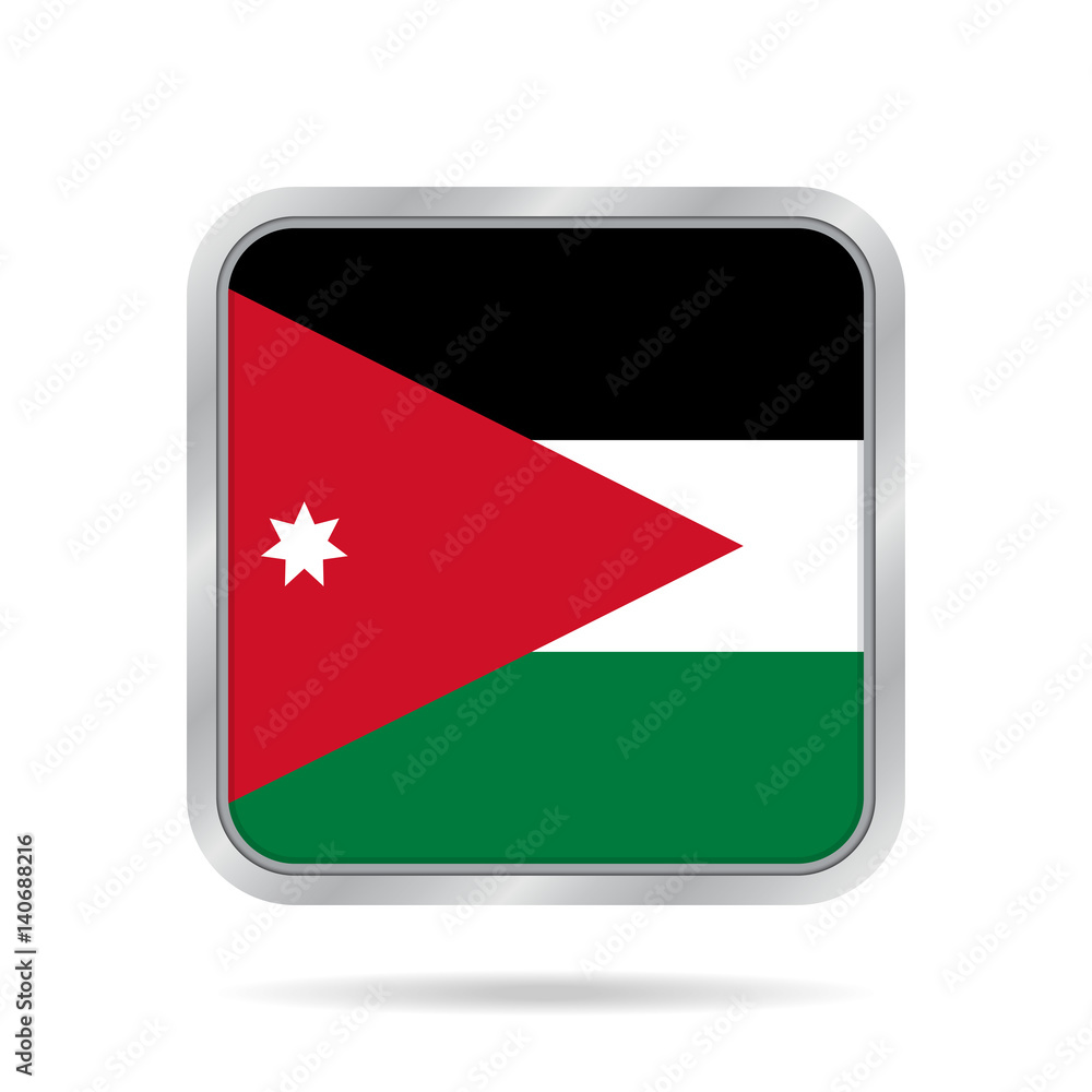 Flag of Jordan. Shiny metallic gray square button. Flag of Jordan. Shiny metallic gray square button.