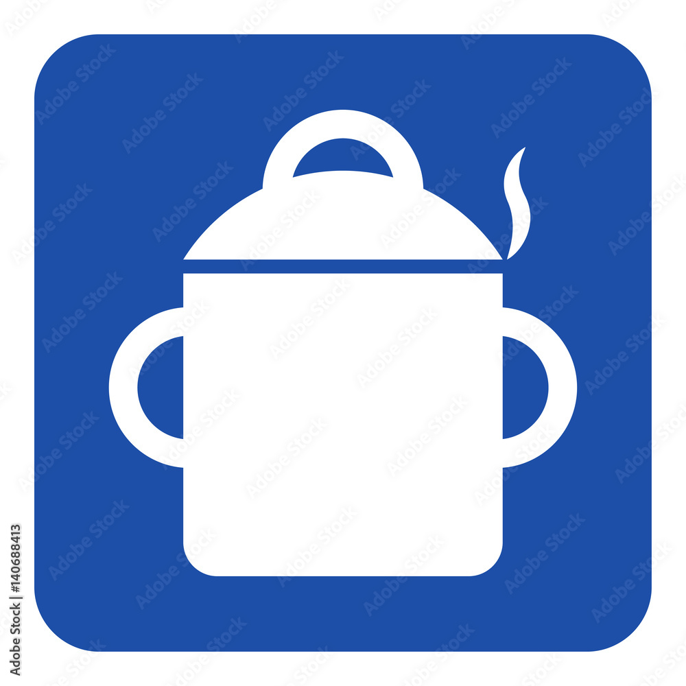 blue, white sign - cooking pot with smoke icon blue, white sign - cooking pot with smoke icon