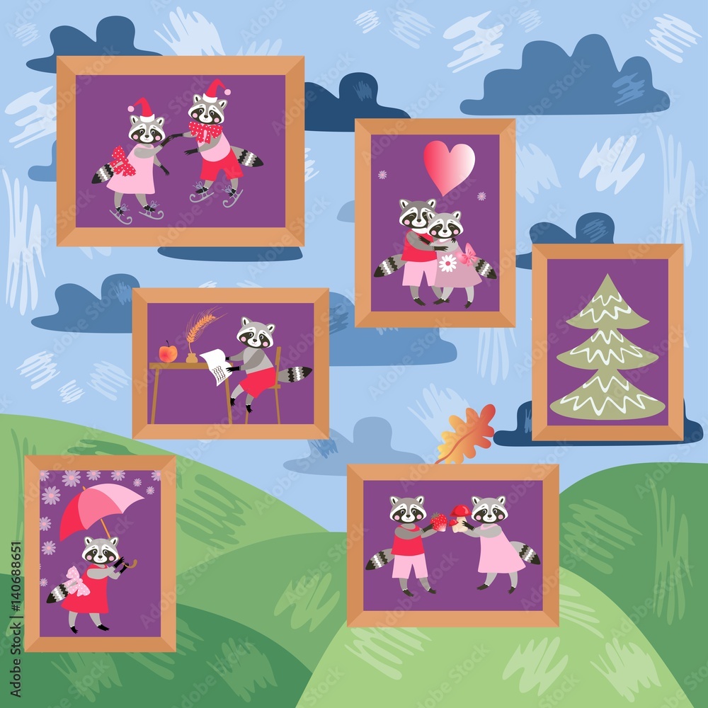 Obraz premium Pictures with cute cartoon raccoons on the wall. Vector illustration.
