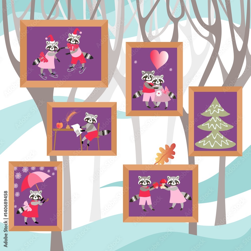 Pictures with cute cartoon raccoons on the wall. Beautiful design.