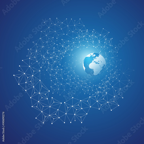 Cloud Computing and Networks with Globe - Abstract Global Digital Network Connections, Technology Concept Background, Creative Design Element Template with Wire Mesh Around Earth