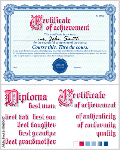 Blue certificate. Guilloche.Template. Horizontal.