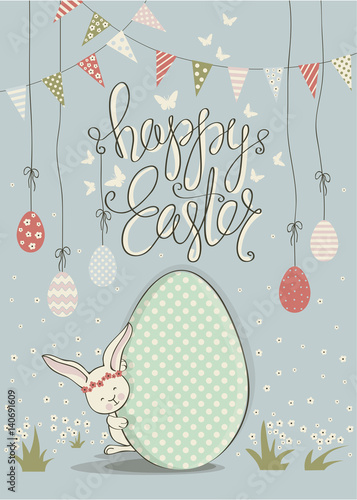 Cover for greeting cards to day happy Easter.Shown Easter eggs of different colors, the Easter Bunny,garland and flags.The phrase happy Easter.Butterflies and flowers on a blue background.