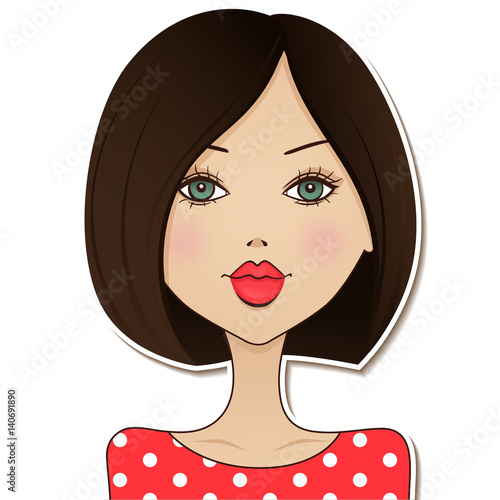 Cute vector girl avatar icon. Happy woman with red lips. Pretty lady portrait. Cartoon girl illustration. Beautiful brunette.