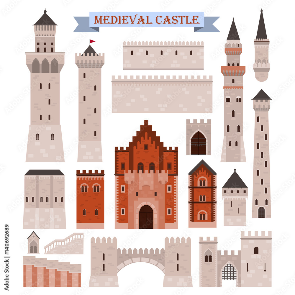 Medieval castle parts like gates, walls, towers Stock-Vektorgrafik | Adobe  Stock