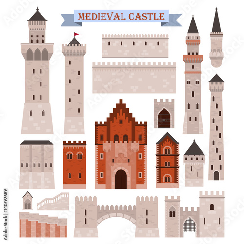 Medieval castle parts like gates, walls, towers