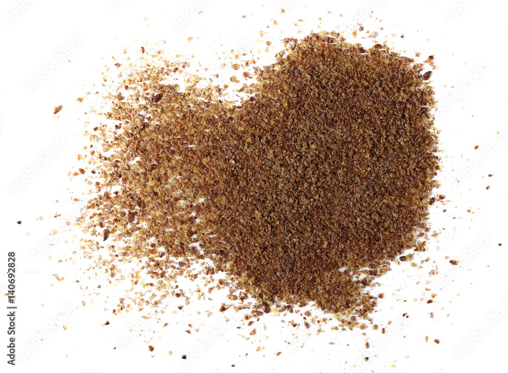 Milled flaxseed isolated on white background, clipping path, top view Milled flaxseed isolated on white background, clipping path, top view