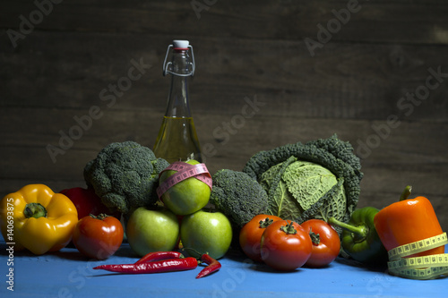 Fototapeta Naklejka Na Ścianę i Meble -  Healthy lifestyle concept. Workout and fitness dieting, Vegetables, dumbbells