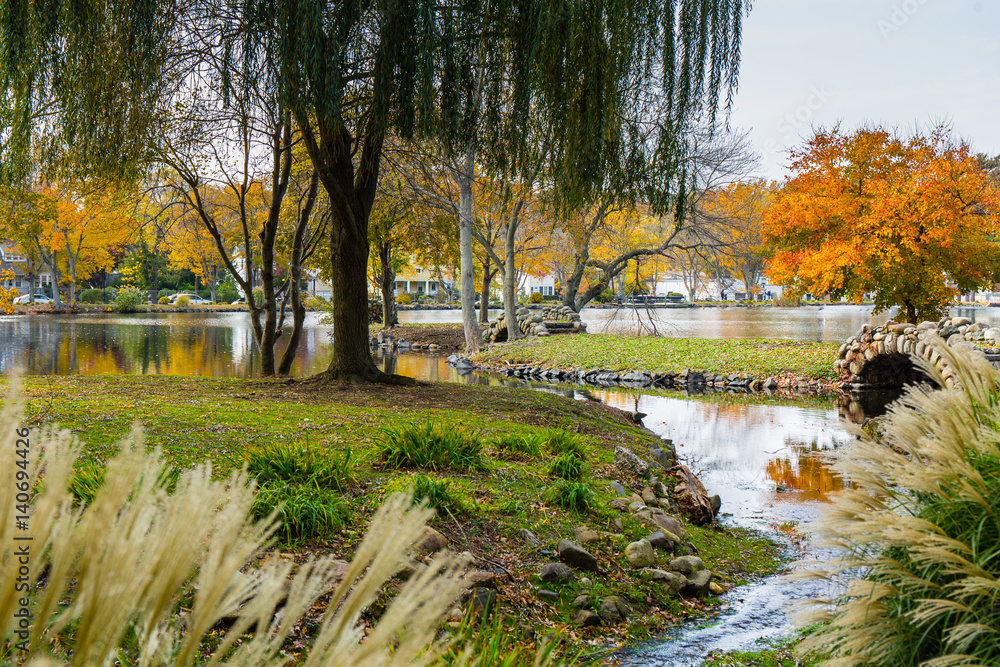 Naklejka premium A colorful scene of a park with a tress and a pond in autumn. Heckscher Park, Huntington, NY.