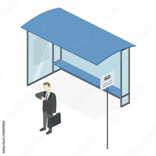 Businessman waiting for a bus. Man with briefcase looks at wrist watch. Bus stop isometric view. Vector flat illustration.