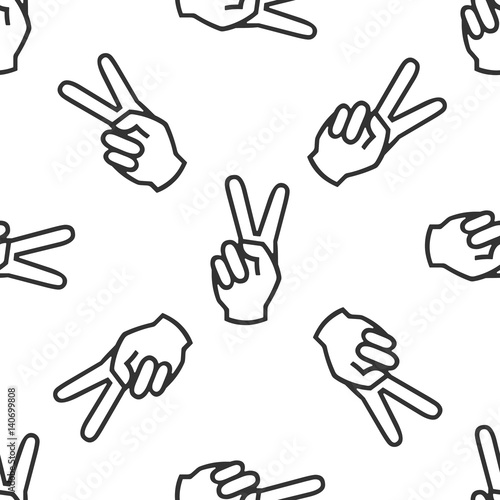 Victory hand sign icon. Hand showing two finger icon seamless pattern on white background. Vector Illustration