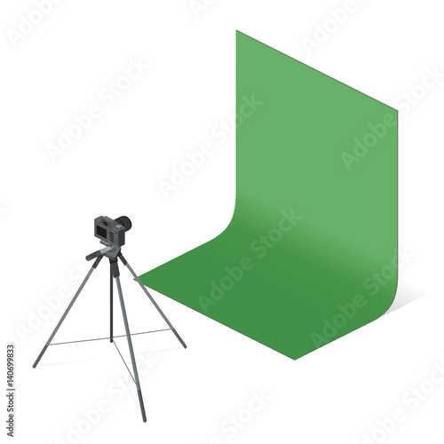 Professional digital photo camera. Photo studio isolated on white background. Isometric view. Vector flat illustration.