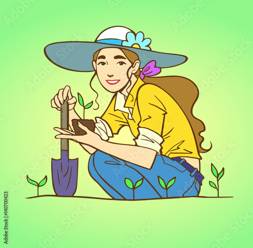 Young woman gardening with sprouts. Girl with long light brown hair sitting at the farm. Vector colored sketch illustration.