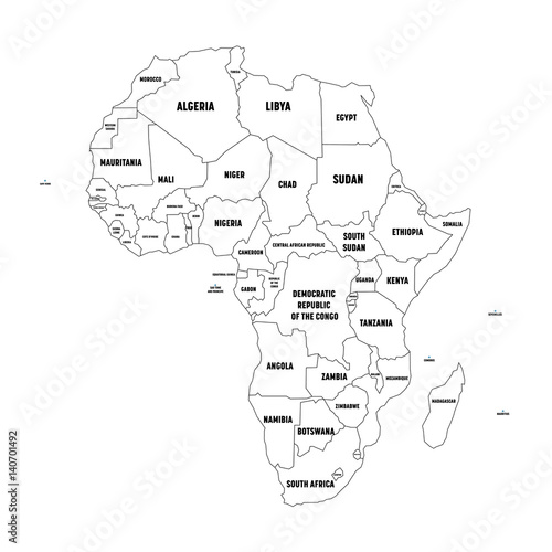 Political map of Arfica continent. Simple black wireframe outline with national borders, and country name labels on white background. Vector illustration.