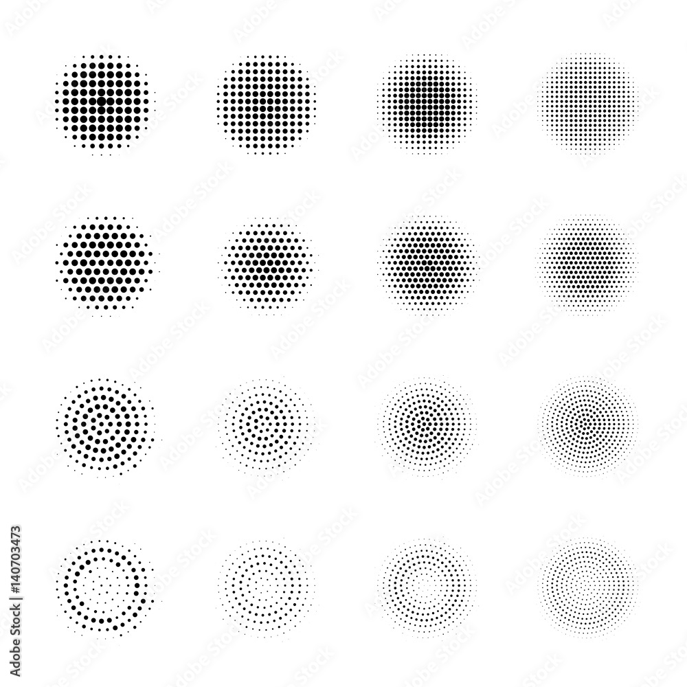 Set of Halftone circles isolated on white background.Collection of halftone effect dot patterns.Sphere illustration.
