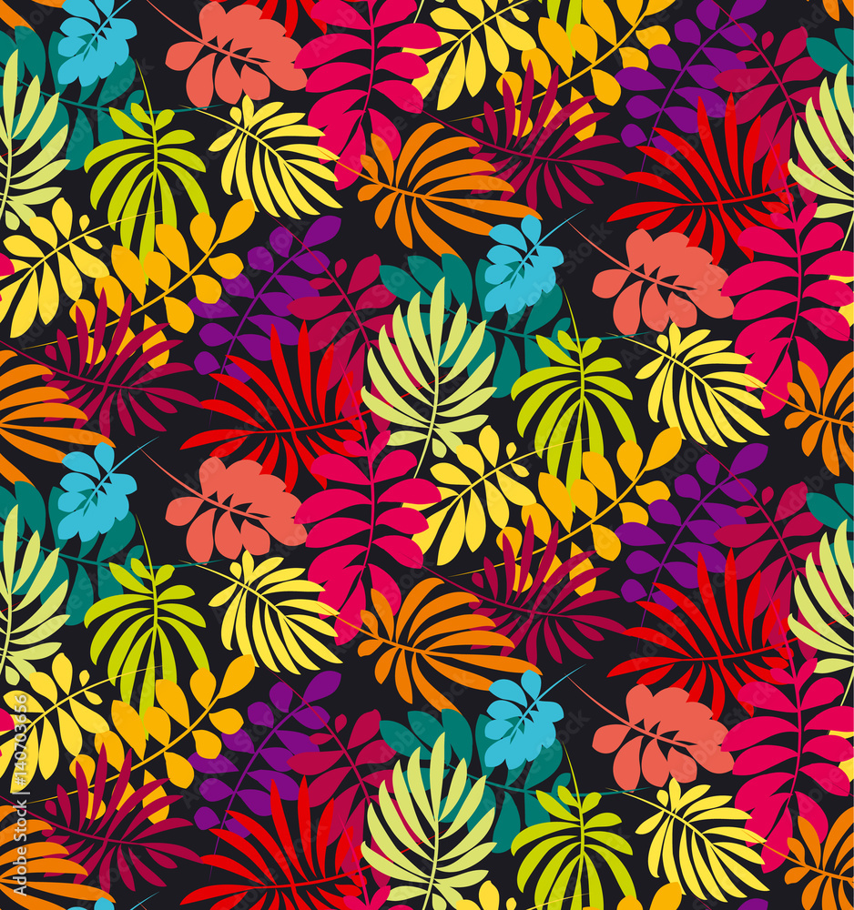 Concept tropical leaves vector illustration in bright vivid colors. Exotic simple fun surface design. Floral seamless pattern vector illustration. Rainbow color plant repeatable motif. Concept tropical leaves vector illustration in bright vivid colors. Exotic simple fun surface design. Floral seamless pattern vector illustration. Rainbow color plant repeatable motif.