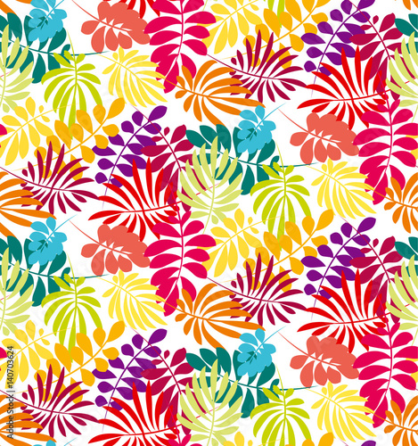 Concept tropical leaves vector illustration in bright vivid colors. Exotic simple fun surface design. Floral seamless pattern vector illustration. Rainbow color plant repeatable motif.